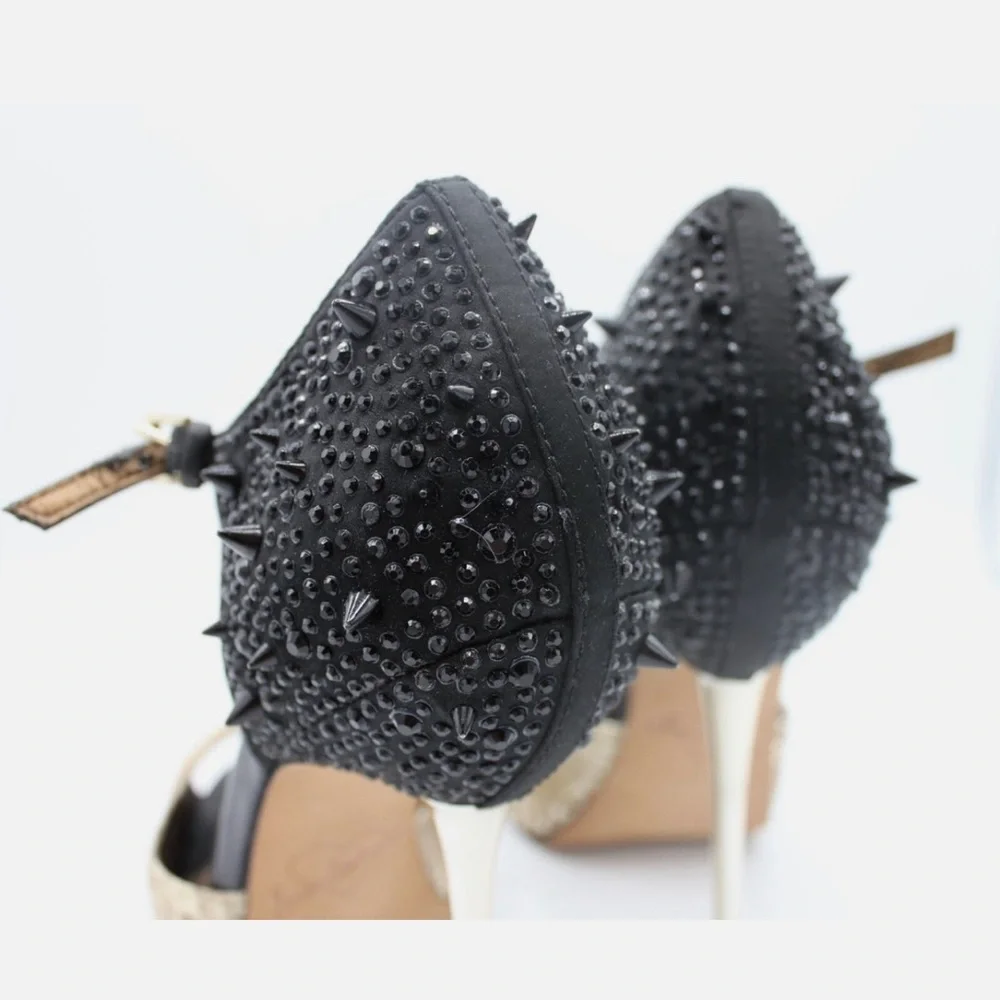 Designer Sam Edelman Scarlett Black /Gold Suede Leather Spiked Heels Size 9.5 - Picture 3 of 9